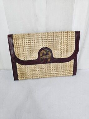 Etienne Aigner Woven Straw Clutch with Burgundy Leather Trim Vintage
